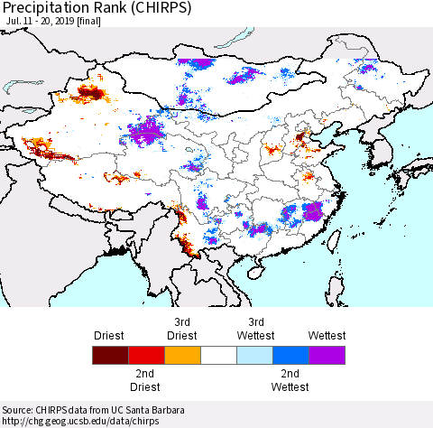 China and Taiwan Precipitation Rank (CHIRPS) Thematic Map For 7/11/2019 - 7/20/2019