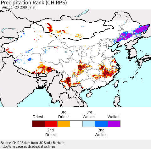 China and Taiwan Precipitation Rank (CHIRPS) Thematic Map For 8/11/2019 - 8/20/2019