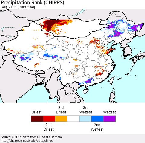 China and Taiwan Precipitation Rank (CHIRPS) Thematic Map For 8/21/2019 - 8/31/2019