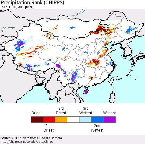 China and Taiwan Precipitation Rank (CHIRPS) Thematic Map For 9/1/2019 - 9/10/2019