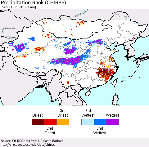 China and Taiwan Precipitation Rank (CHIRPS) Thematic Map For 9/11/2019 - 9/20/2019