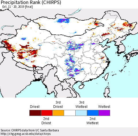 China and Taiwan Precipitation Rank (CHIRPS) Thematic Map For 10/11/2019 - 10/20/2019