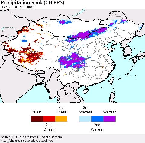 China and Taiwan Precipitation Rank (CHIRPS) Thematic Map For 10/21/2019 - 10/31/2019