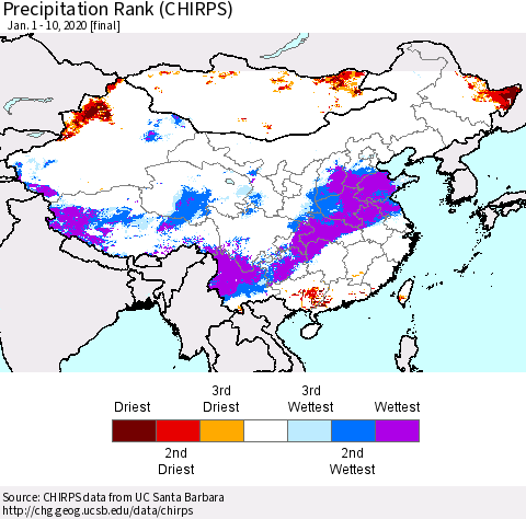 China, Mongolia and Taiwan Precipitation Rank since 1981 (CHIRPS) Thematic Map For 1/1/2020 - 1/10/2020