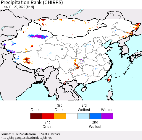 China, Mongolia and Taiwan Precipitation Rank since 1981 (CHIRPS) Thematic Map For 1/11/2020 - 1/20/2020