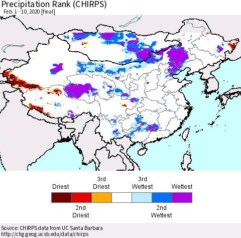 China, Mongolia and Taiwan Precipitation Rank since 1981 (CHIRPS) Thematic Map For 2/1/2020 - 2/10/2020