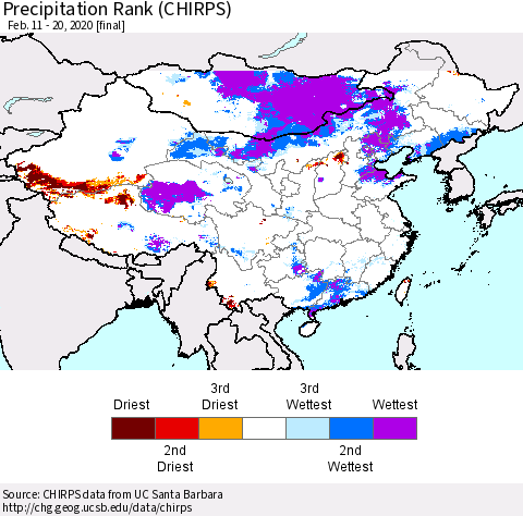 China, Mongolia and Taiwan Precipitation Rank since 1981 (CHIRPS) Thematic Map For 2/11/2020 - 2/20/2020