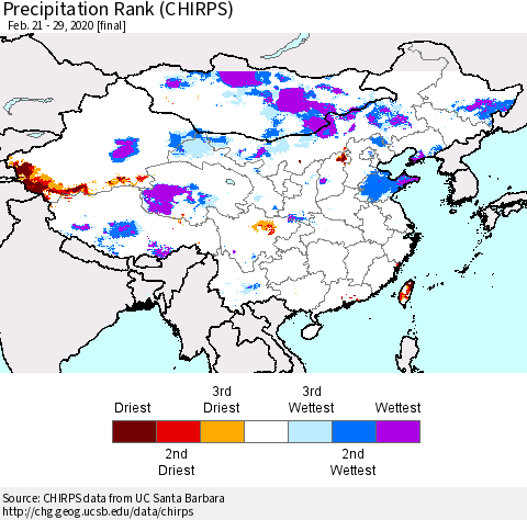 China, Mongolia and Taiwan Precipitation Rank since 1981 (CHIRPS) Thematic Map For 2/21/2020 - 2/29/2020