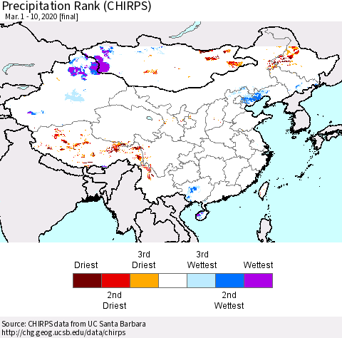 China, Mongolia and Taiwan Precipitation Rank since 1981 (CHIRPS) Thematic Map For 3/1/2020 - 3/10/2020
