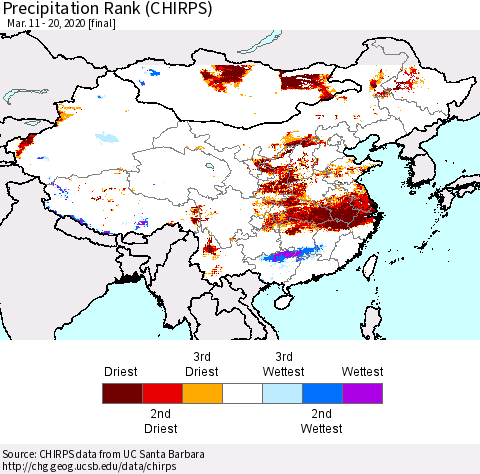 China, Mongolia and Taiwan Precipitation Rank since 1981 (CHIRPS) Thematic Map For 3/11/2020 - 3/20/2020