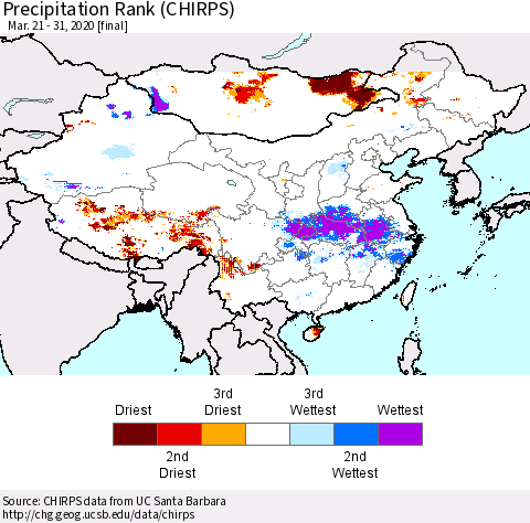 China, Mongolia and Taiwan Precipitation Rank since 1981 (CHIRPS) Thematic Map For 3/21/2020 - 3/31/2020