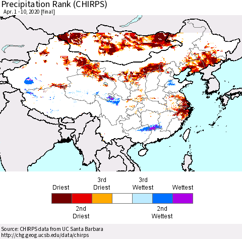 China, Mongolia and Taiwan Precipitation Rank since 1981 (CHIRPS) Thematic Map For 4/1/2020 - 4/10/2020
