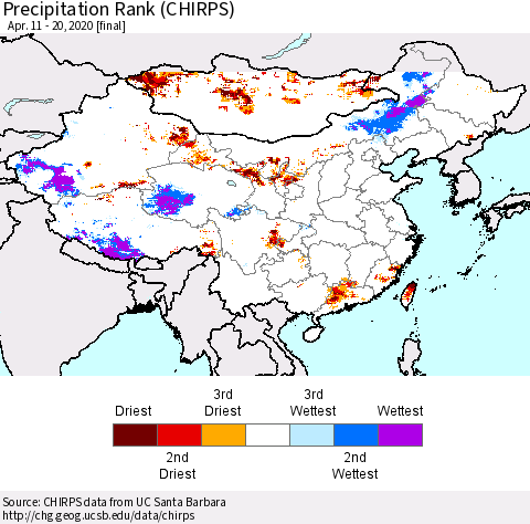 China, Mongolia and Taiwan Precipitation Rank since 1981 (CHIRPS) Thematic Map For 4/11/2020 - 4/20/2020