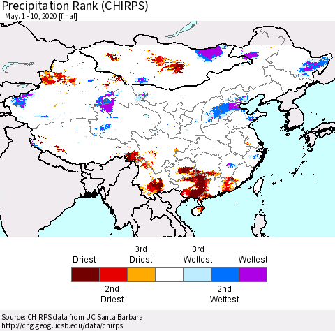China, Mongolia and Taiwan Precipitation Rank since 1981 (CHIRPS) Thematic Map For 5/1/2020 - 5/10/2020