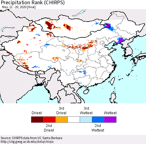 China, Mongolia and Taiwan Precipitation Rank since 1981 (CHIRPS) Thematic Map For 5/11/2020 - 5/20/2020