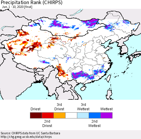 China, Mongolia and Taiwan Precipitation Rank since 1981 (CHIRPS) Thematic Map For 6/1/2020 - 6/10/2020