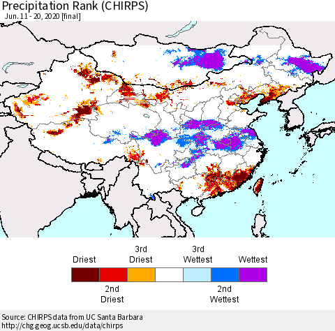 China, Mongolia and Taiwan Precipitation Rank since 1981 (CHIRPS) Thematic Map For 6/11/2020 - 6/20/2020