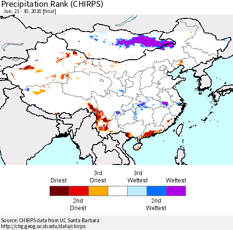 China, Mongolia and Taiwan Precipitation Rank since 1981 (CHIRPS) Thematic Map For 6/21/2020 - 6/30/2020