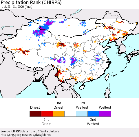 China, Mongolia and Taiwan Precipitation Rank since 1981 (CHIRPS) Thematic Map For 7/21/2020 - 7/31/2020