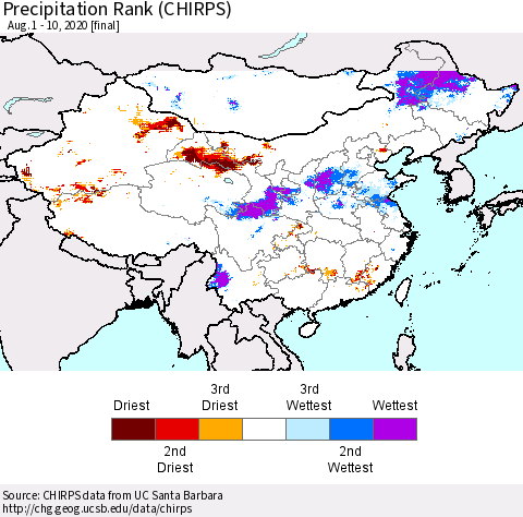 China, Mongolia and Taiwan Precipitation Rank since 1981 (CHIRPS) Thematic Map For 8/1/2020 - 8/10/2020