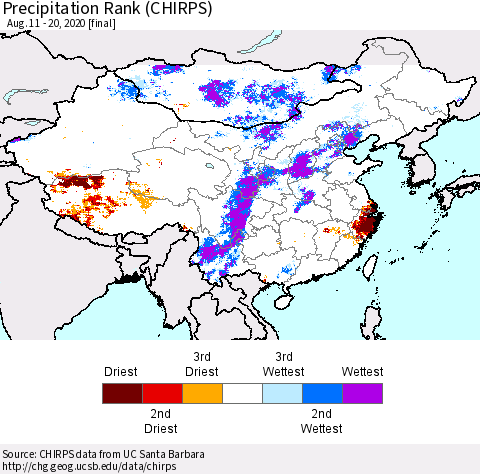 China, Mongolia and Taiwan Precipitation Rank since 1981 (CHIRPS) Thematic Map For 8/11/2020 - 8/20/2020