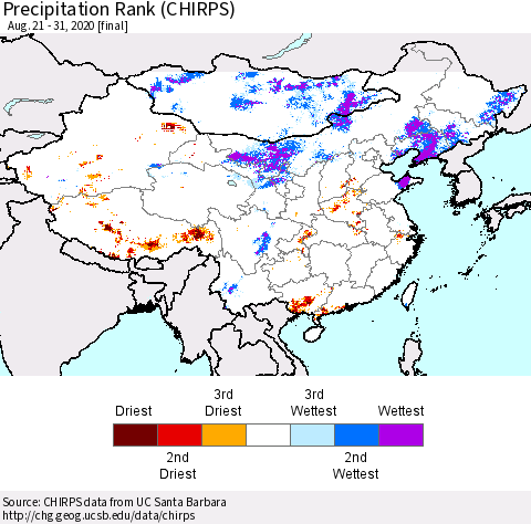 China, Mongolia and Taiwan Precipitation Rank since 1981 (CHIRPS) Thematic Map For 8/21/2020 - 8/31/2020