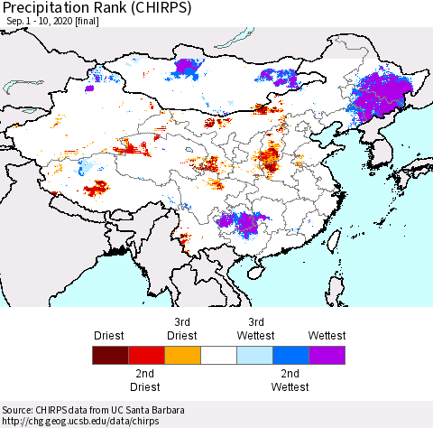 China, Mongolia and Taiwan Precipitation Rank since 1981 (CHIRPS) Thematic Map For 9/1/2020 - 9/10/2020