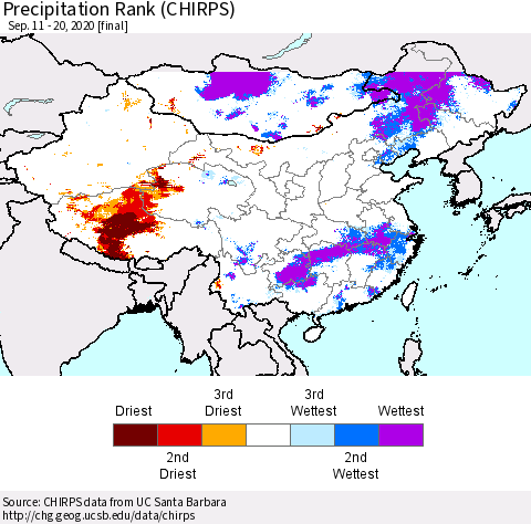 China, Mongolia and Taiwan Precipitation Rank since 1981 (CHIRPS) Thematic Map For 9/11/2020 - 9/20/2020