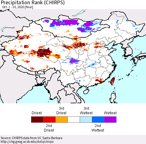 China, Mongolia and Taiwan Precipitation Rank since 1981 (CHIRPS) Thematic Map For 10/1/2020 - 10/10/2020