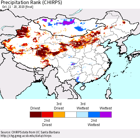 China, Mongolia and Taiwan Precipitation Rank since 1981 (CHIRPS) Thematic Map For 10/11/2020 - 10/20/2020