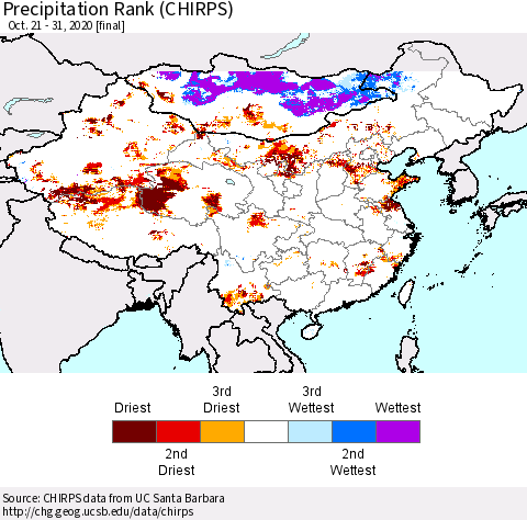 China, Mongolia and Taiwan Precipitation Rank since 1981 (CHIRPS) Thematic Map For 10/21/2020 - 10/31/2020