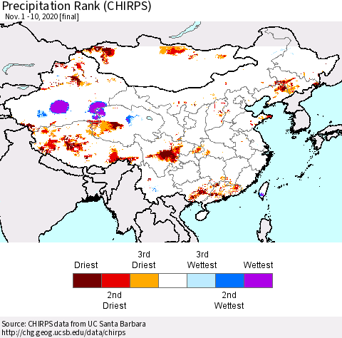 China, Mongolia and Taiwan Precipitation Rank since 1981 (CHIRPS) Thematic Map For 11/1/2020 - 11/10/2020
