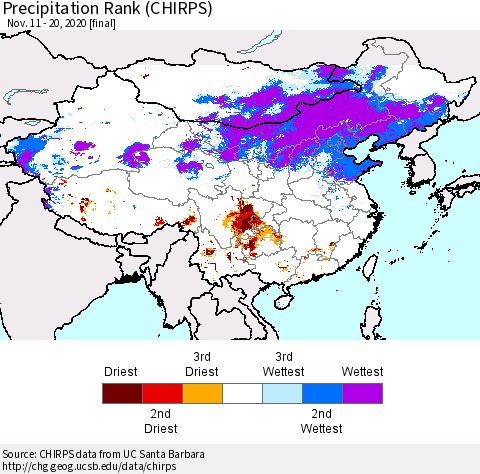 China, Mongolia and Taiwan Precipitation Rank since 1981 (CHIRPS) Thematic Map For 11/11/2020 - 11/20/2020