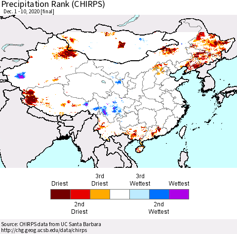 China, Mongolia and Taiwan Precipitation Rank since 1981 (CHIRPS) Thematic Map For 12/1/2020 - 12/10/2020
