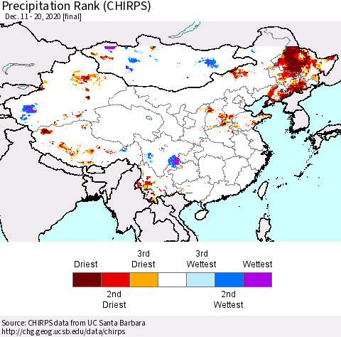 China, Mongolia and Taiwan Precipitation Rank since 1981 (CHIRPS) Thematic Map For 12/11/2020 - 12/20/2020