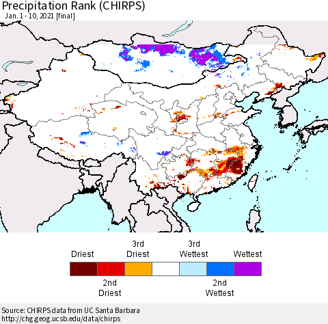 China, Mongolia and Taiwan Precipitation Rank since 1981 (CHIRPS) Thematic Map For 1/1/2021 - 1/10/2021
