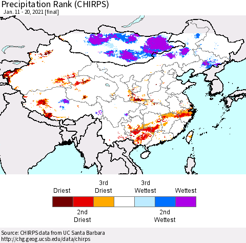China, Mongolia and Taiwan Precipitation Rank since 1981 (CHIRPS) Thematic Map For 1/11/2021 - 1/20/2021