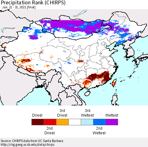 China, Mongolia and Taiwan Precipitation Rank since 1981 (CHIRPS) Thematic Map For 1/21/2021 - 1/31/2021