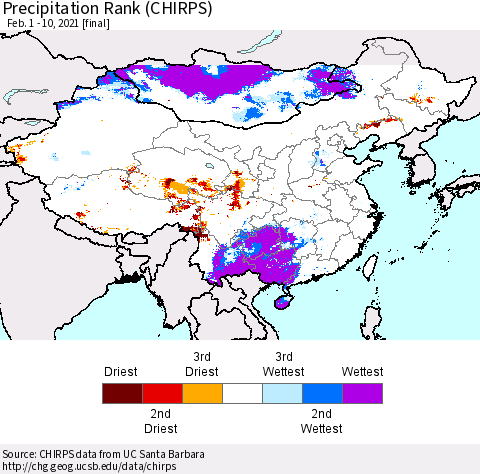 China, Mongolia and Taiwan Precipitation Rank since 1981 (CHIRPS) Thematic Map For 2/1/2021 - 2/10/2021