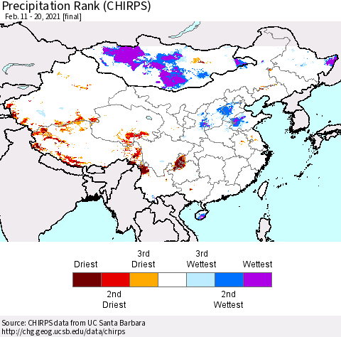 China, Mongolia and Taiwan Precipitation Rank since 1981 (CHIRPS) Thematic Map For 2/11/2021 - 2/20/2021