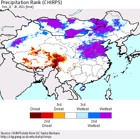 China, Mongolia and Taiwan Precipitation Rank since 1981 (CHIRPS) Thematic Map For 2/21/2021 - 2/28/2021