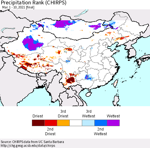 China, Mongolia and Taiwan Precipitation Rank since 1981 (CHIRPS) Thematic Map For 3/1/2021 - 3/10/2021
