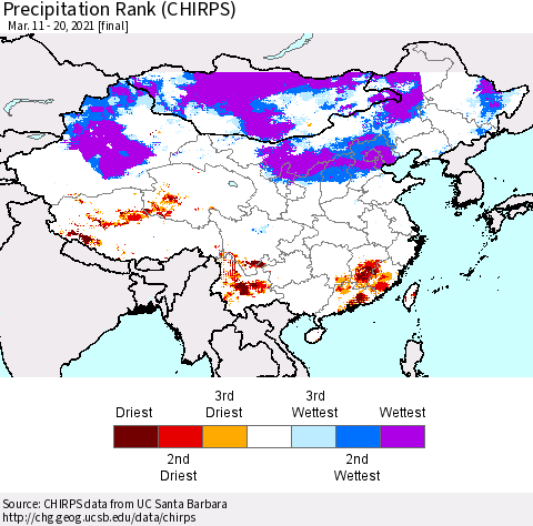 China, Mongolia and Taiwan Precipitation Rank since 1981 (CHIRPS) Thematic Map For 3/11/2021 - 3/20/2021