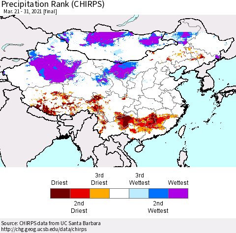 China, Mongolia and Taiwan Precipitation Rank since 1981 (CHIRPS) Thematic Map For 3/21/2021 - 3/31/2021