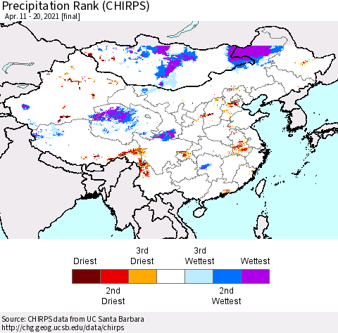 China, Mongolia and Taiwan Precipitation Rank since 1981 (CHIRPS) Thematic Map For 4/11/2021 - 4/20/2021