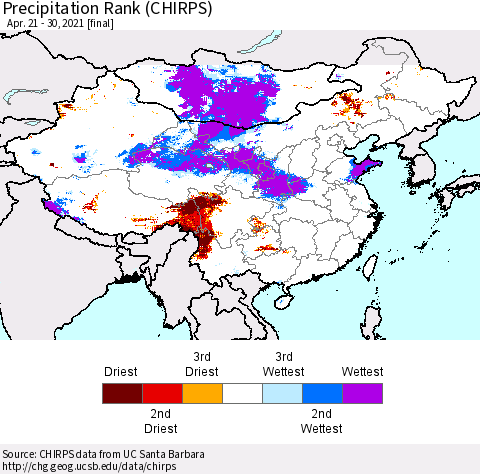 China, Mongolia and Taiwan Precipitation Rank since 1981 (CHIRPS) Thematic Map For 4/21/2021 - 4/30/2021