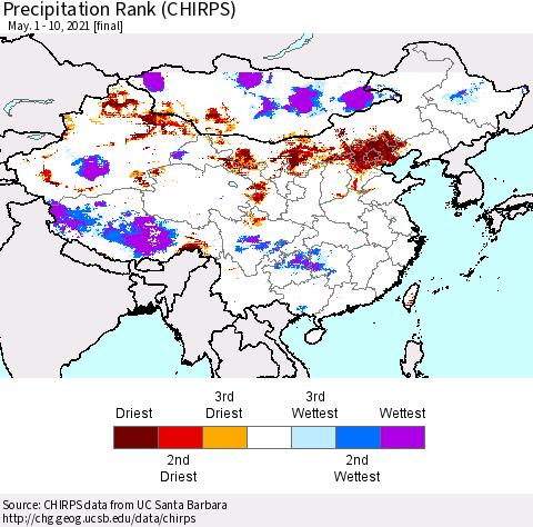 China, Mongolia and Taiwan Precipitation Rank since 1981 (CHIRPS) Thematic Map For 5/1/2021 - 5/10/2021
