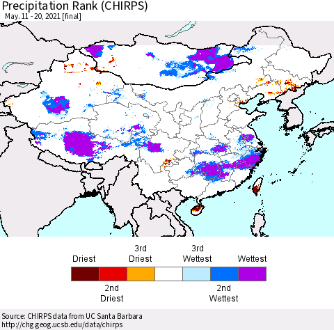China, Mongolia and Taiwan Precipitation Rank since 1981 (CHIRPS) Thematic Map For 5/11/2021 - 5/20/2021