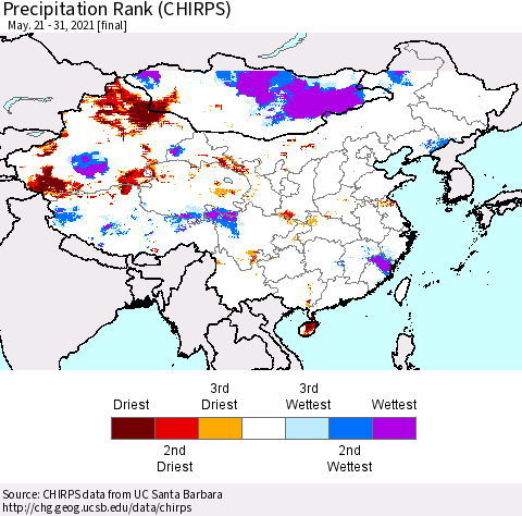 China, Mongolia and Taiwan Precipitation Rank since 1981 (CHIRPS) Thematic Map For 5/21/2021 - 5/31/2021