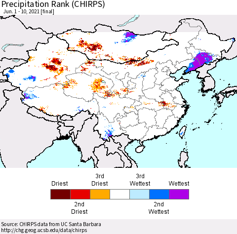 China, Mongolia and Taiwan Precipitation Rank since 1981 (CHIRPS) Thematic Map For 6/1/2021 - 6/10/2021
